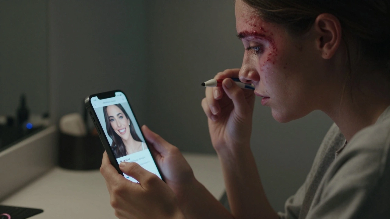 Woman with a burned eyebrow looking at her phone displaying a misleading beauty ad.