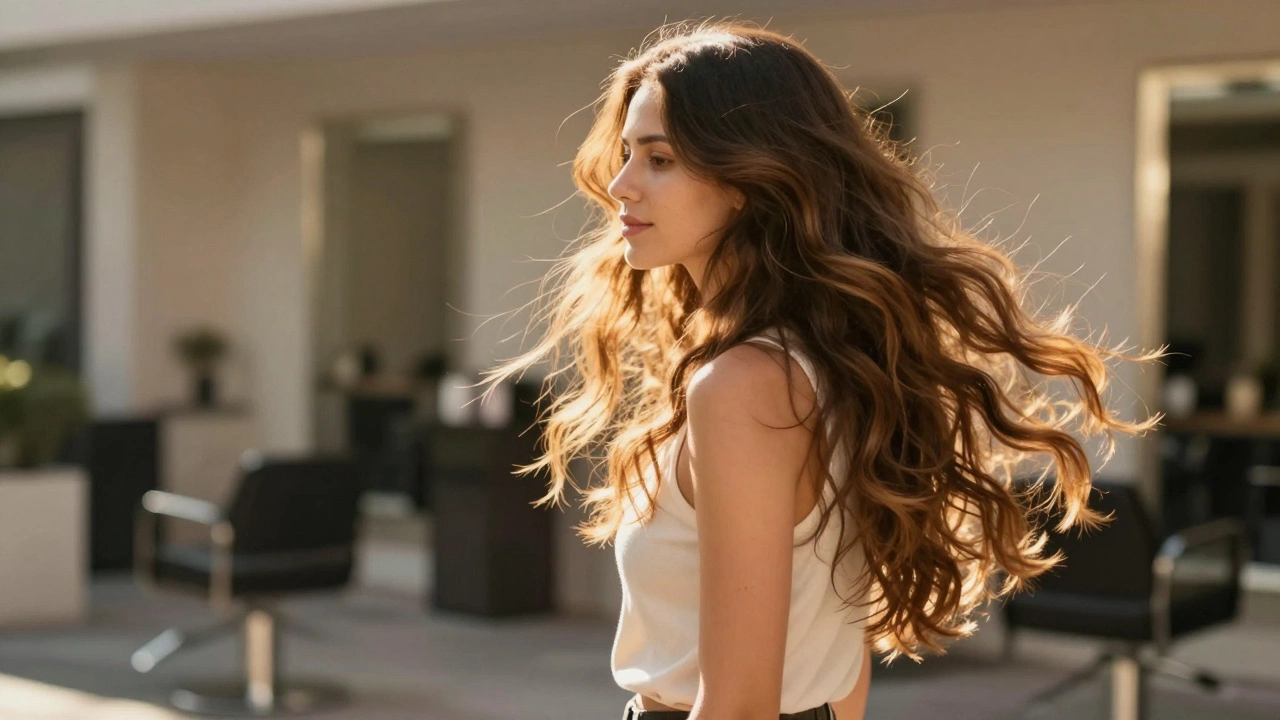 Woman with long, natural-looking fusion hair extensions walking in sunlight, hair flowing freely.