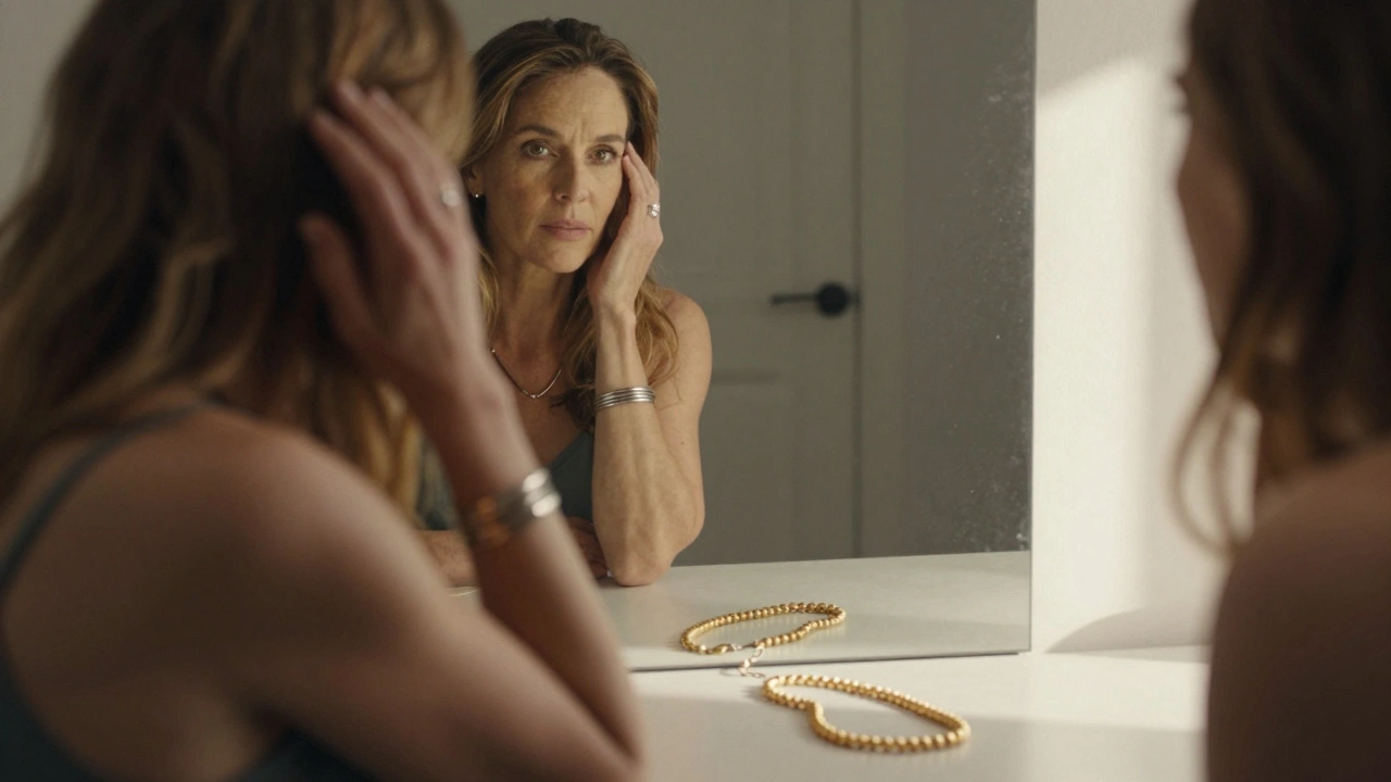 Woman with mousy hair touching her strands in front of a mirror, silver jewelry beside discarded gold necklace.