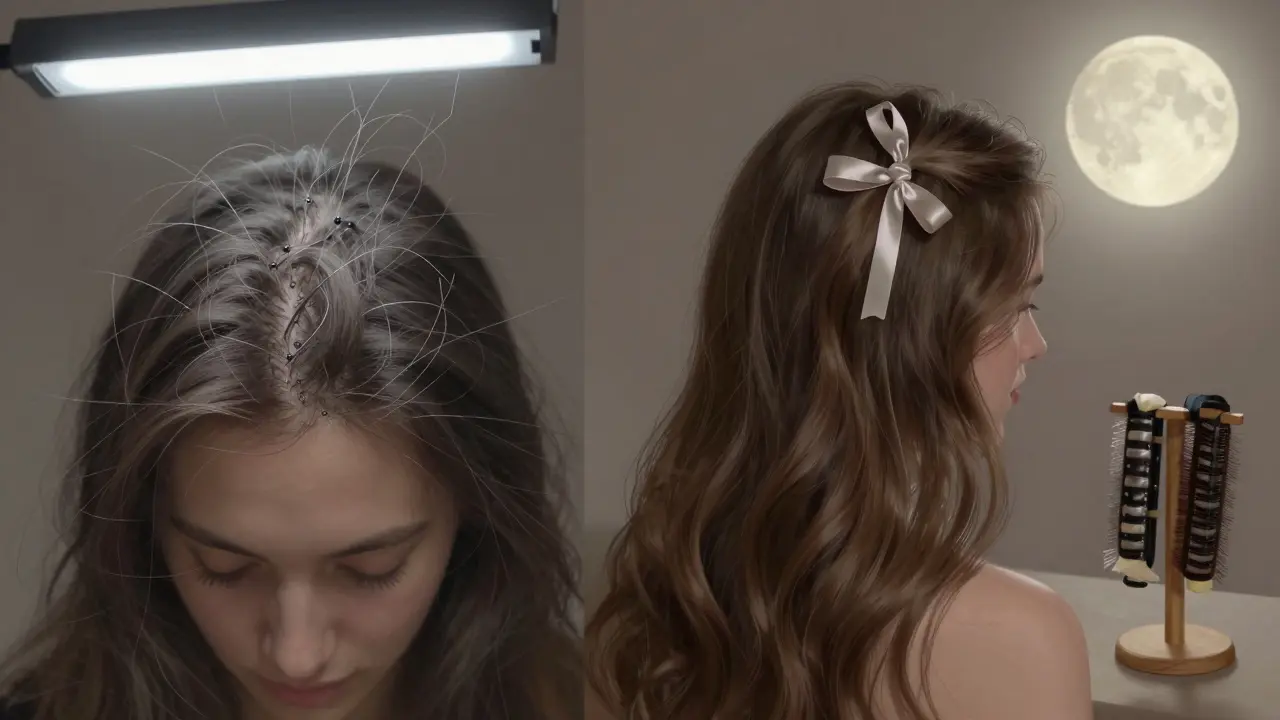 A symbolic contrast between damaged scalp from extensions and healthy hair with clip-ins resting gently on top.