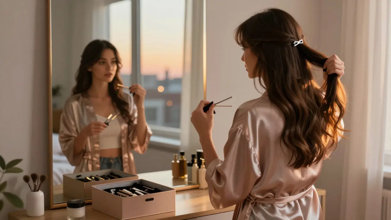 A woman quickly applying clip-in hair extensions in front of a bedroom mirror before going out at night.
