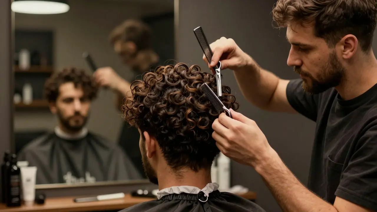 Barber checking symmetry of curly hair in a mirror during a trim, hair strands falling naturally.