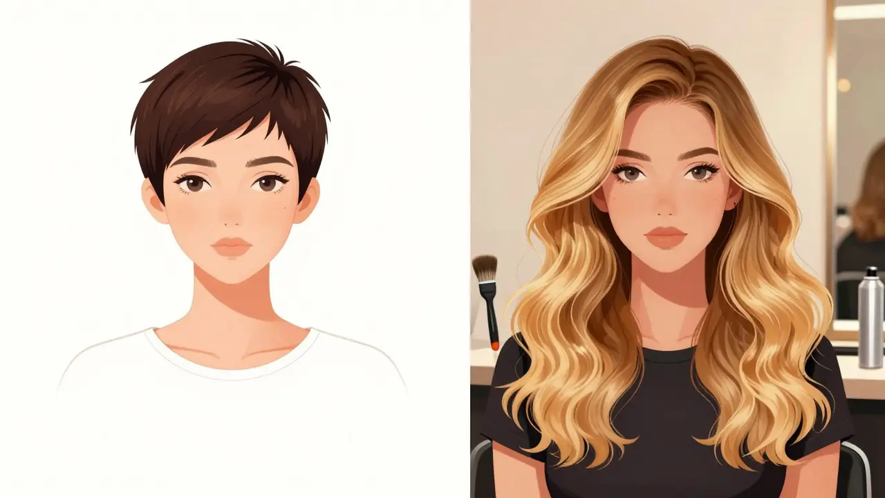 Before and after look of short hair transformed with clip-in extensions.