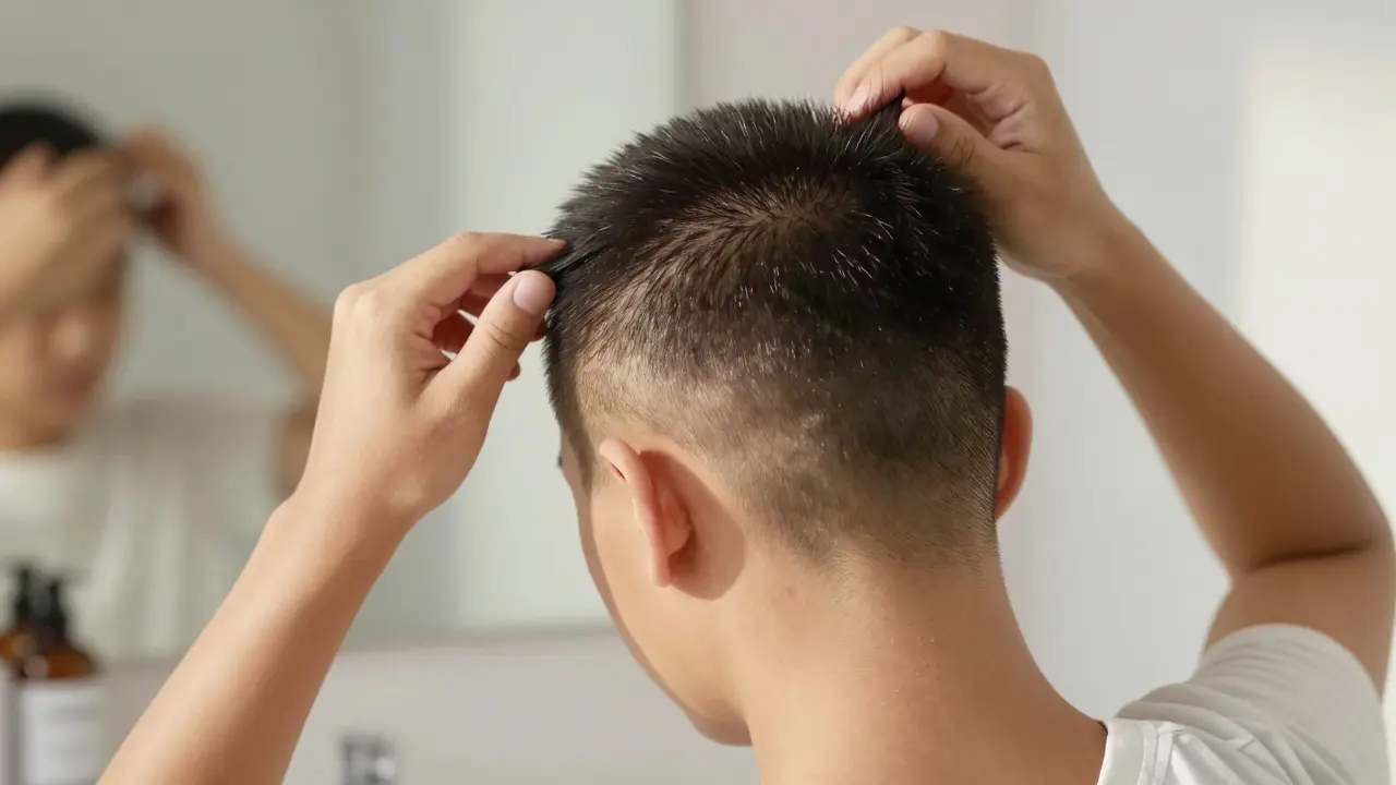 Boy applying matte hair paste to his buzz cut with fingers for natural texture.