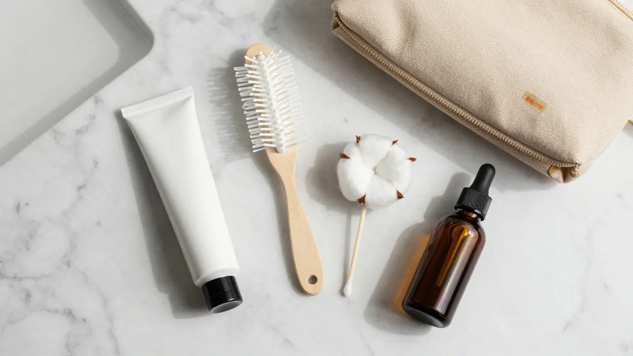 Brow gel tools arranged on a vanity with cotton swab and oil bottle, conveying proper care.