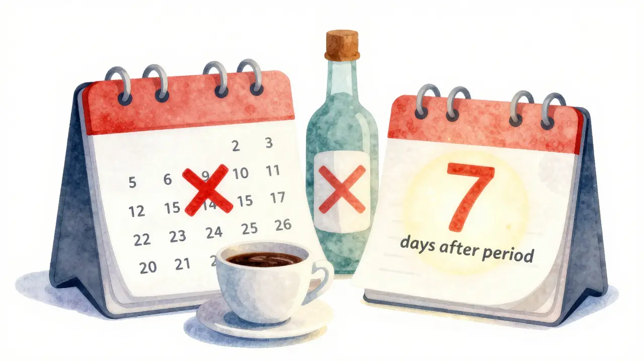 Calendar showing avoided days for waxing due to period, caffeine, and alcohol.