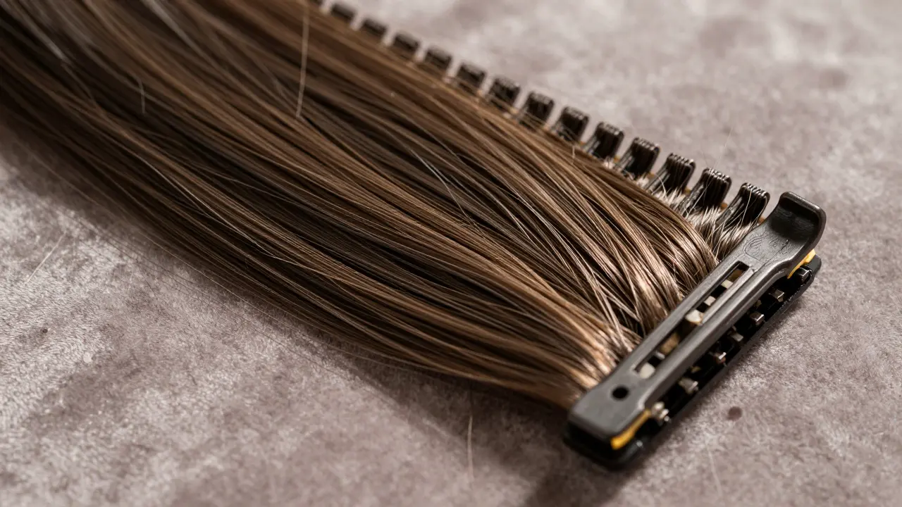 Close-up of human hair clip-in wefts with silicone clips gripping a hair strand.