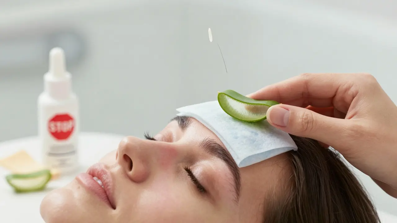 Cooling compress on waxed brows with expired strips and stopped retinoid bottle.