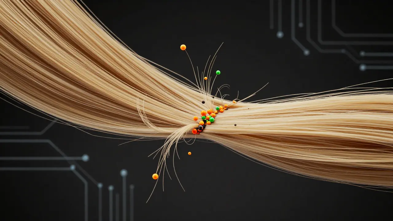 Damaged hair strand splitting apart with chemical particles, compared to healthy toned hair