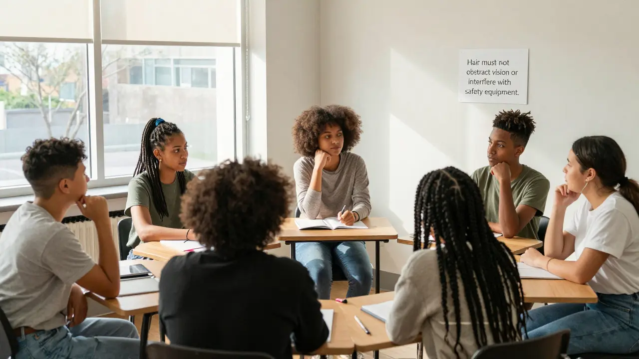 Diverse students in a modern classroom with natural hairstyles, sunlight streaming in, no hair restrictions visible.