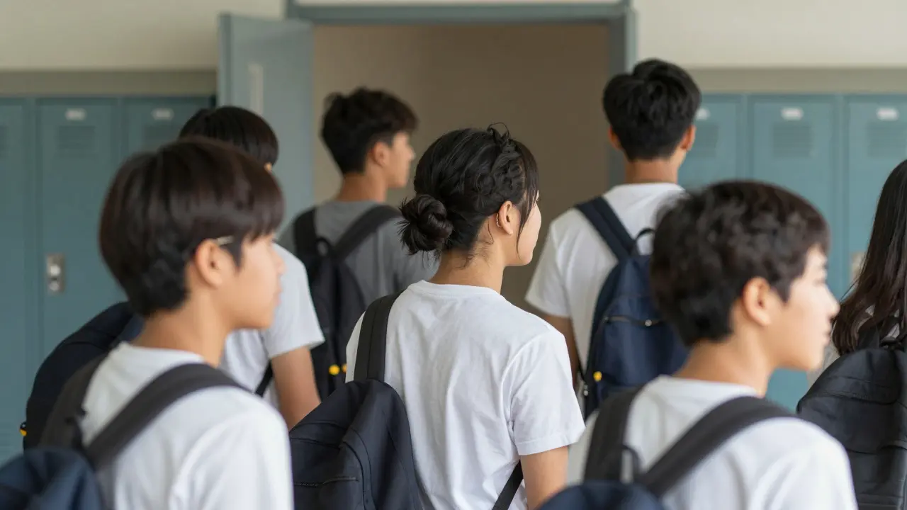 Diverse students with short hair in quick school styles walking toward campus.