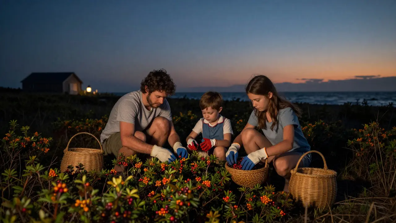 Family harvesting bayberry berries along coastal shrubs at dusk with lantern light.