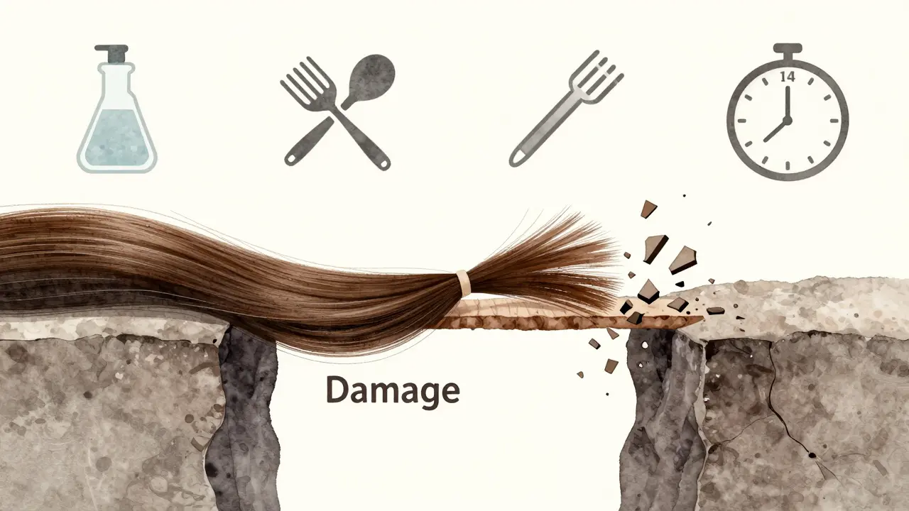 Fragile hair strand breaking apart over a chasm labeled 'Damage', with chemical icons nearby.