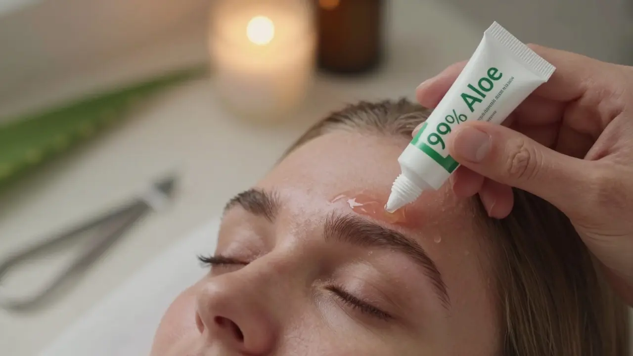 Hand applying pure aloe vera gel to a burned eyebrow area with tweezers nearby.