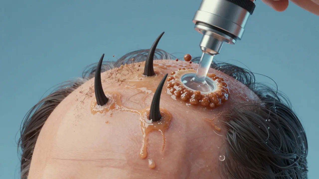 Microscopic view of clogged scalp follicles with wax residue versus a clean, washed scalp.