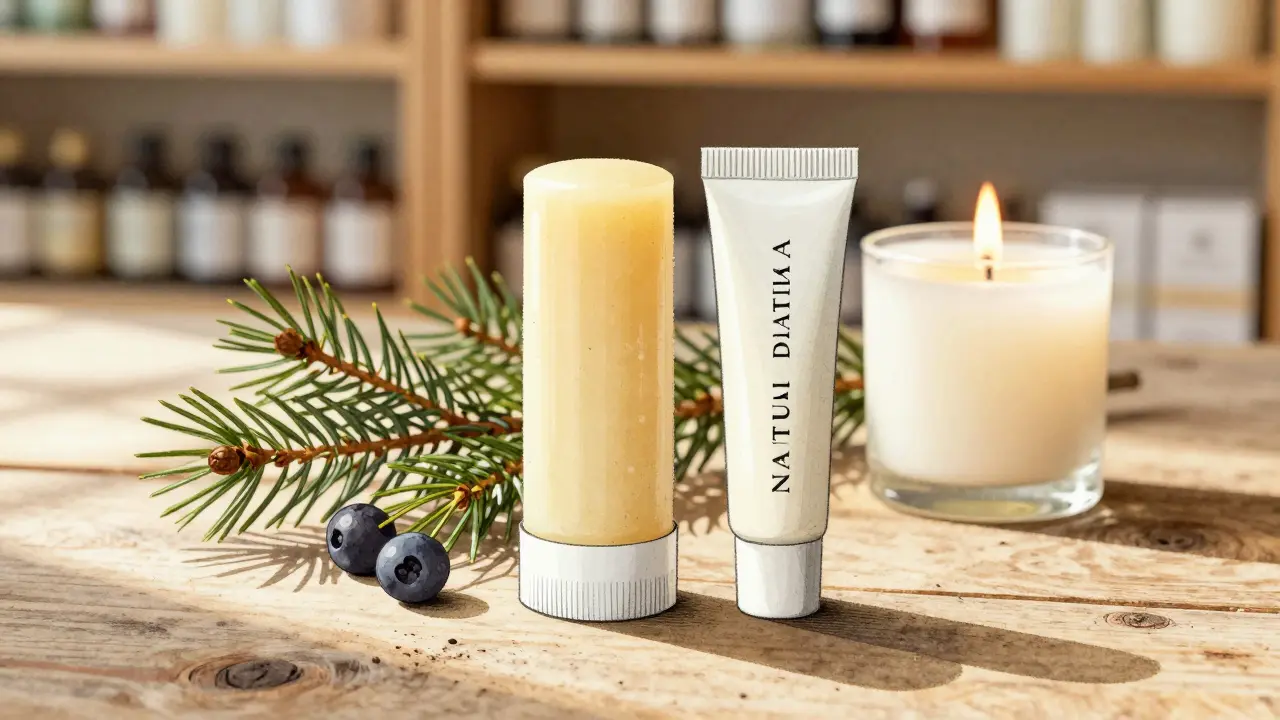 Natural deodorant, lip balm, and candle made with bayberry wax on wooden table with berries.
