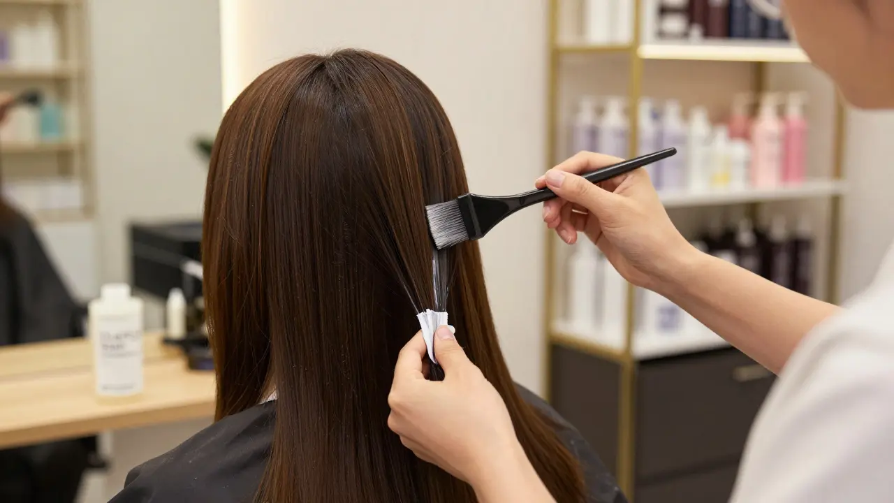 Salon stylist applying semi-permanent dye while protecting hair ends with conditioner.