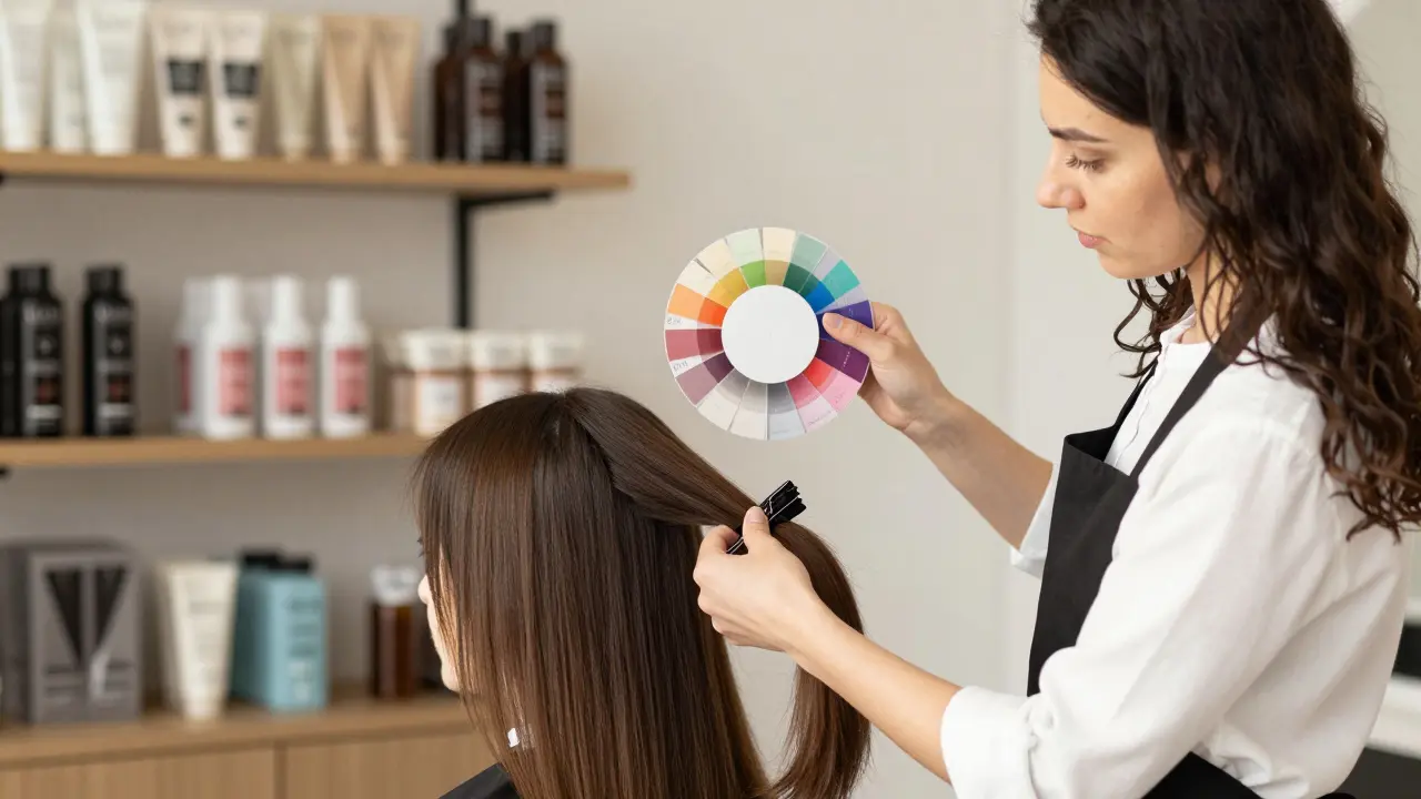 Salon stylist matching hair color with a shade wheel during a consultation.