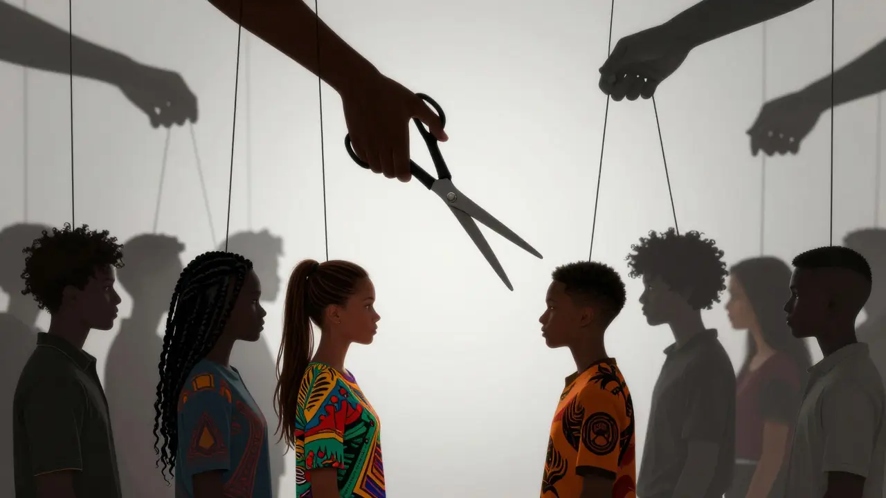 Scissors hovering over silhouettes of students with diverse hairstyles, being forced into uniform short hair.