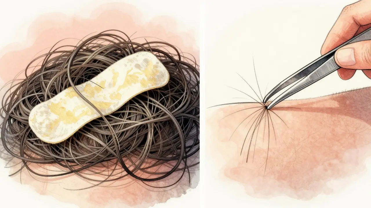 Split image showing waxing versus plucking hair removal methods.