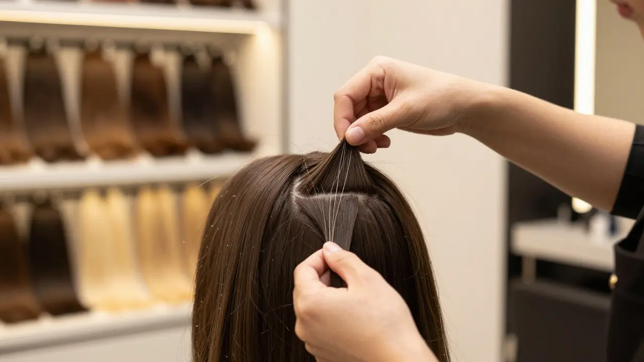 Stylist carefully applying keratin-bonded hair extensions strand by strand in a salon.