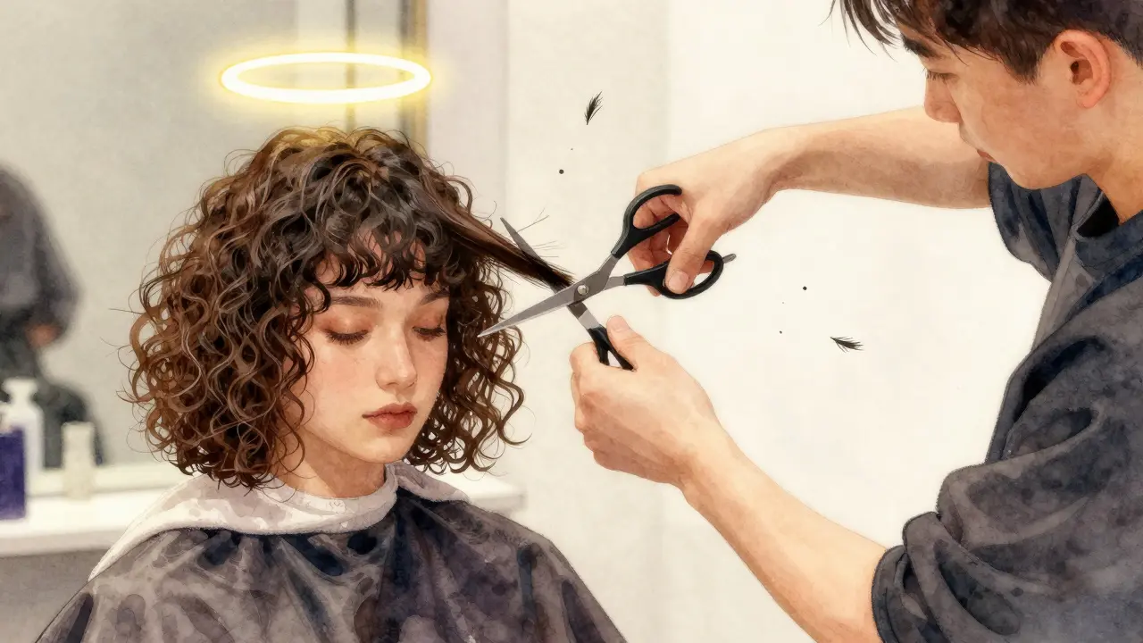 Stylist cutting wispy bangs on curly hair in a sunlit salon.