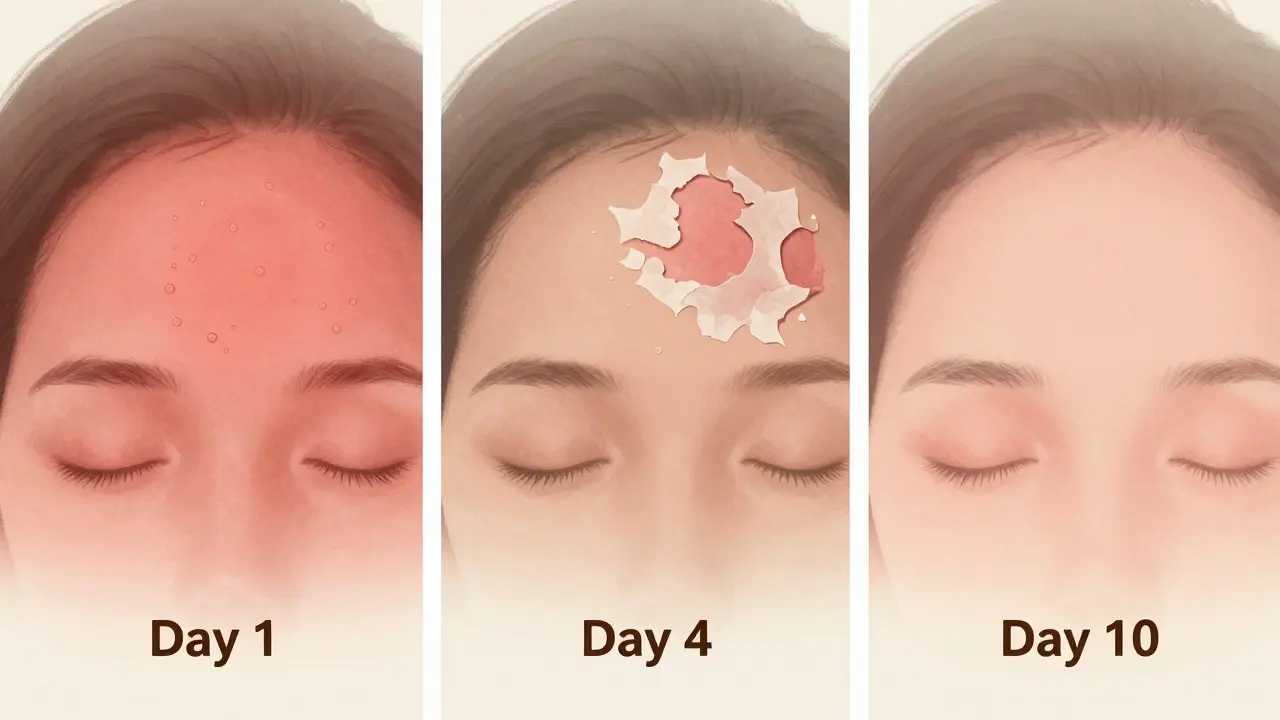 Three-panel visual showing the healing stages of a chemical burn on the brow area.