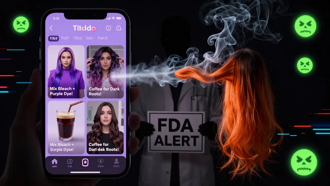 TikTok screen showing dangerous hair dye hacks, smoke from melting synthetic extensions, FDA warning sign in shadow, digital glitch style.