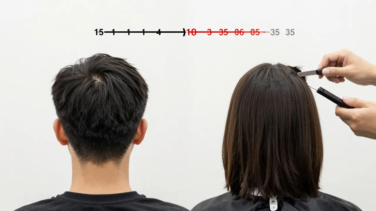 Two clients getting haircuts at different times, visualized by a timer transitioning from 15 to 35 minutes.