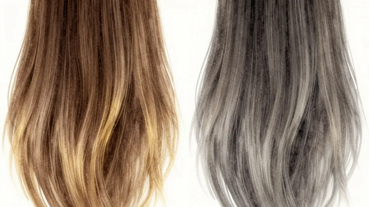 Two hair strands showing difference between lightened highlights and dyed base color