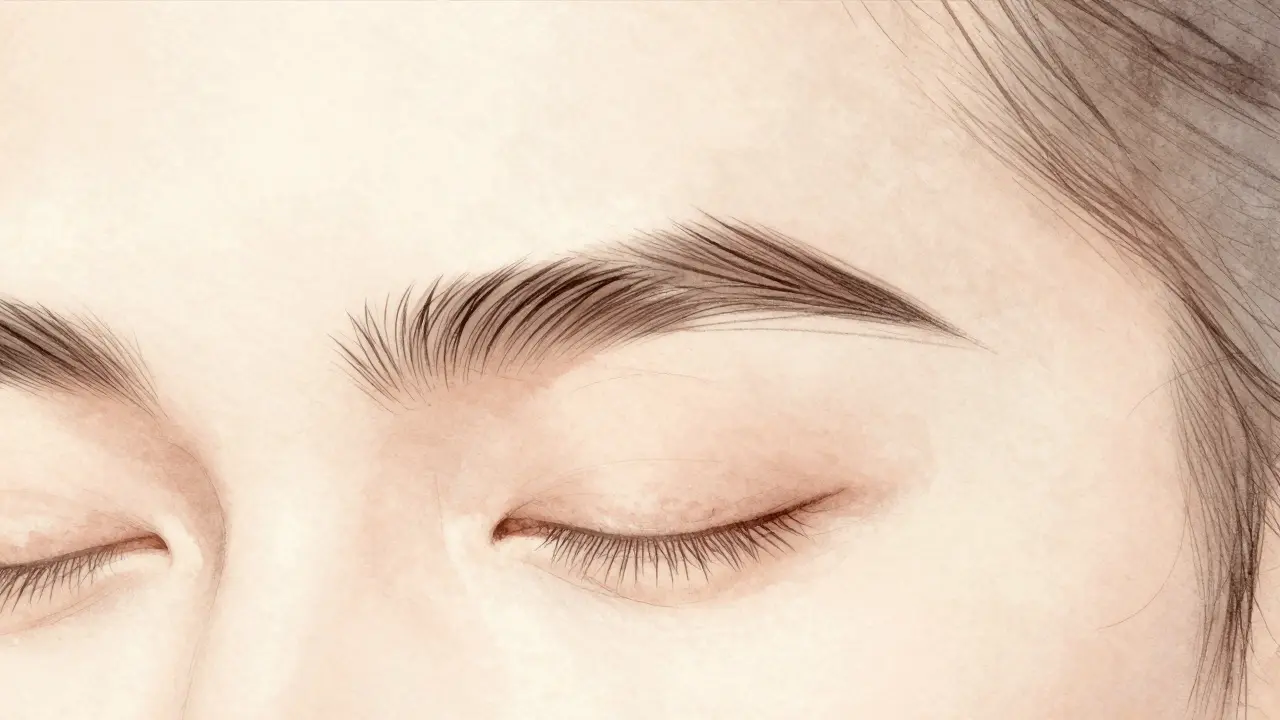 Watercolor-style brow outline being carefully filled with fine, hair-like pencil strokes.