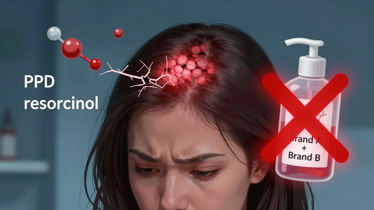 Woman's scalp with blisters and hair loss, floating toxic chemical labels, broken hair strand, red X over mixed dye bottles.