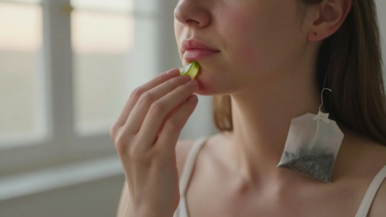 Woman applying aloe vera to her upper lip after threading, calm and healing.