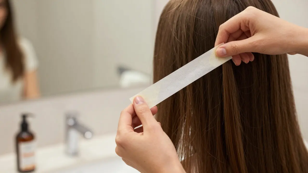Woman gently removing tape-in extensions with remover, hair flowing freely.
