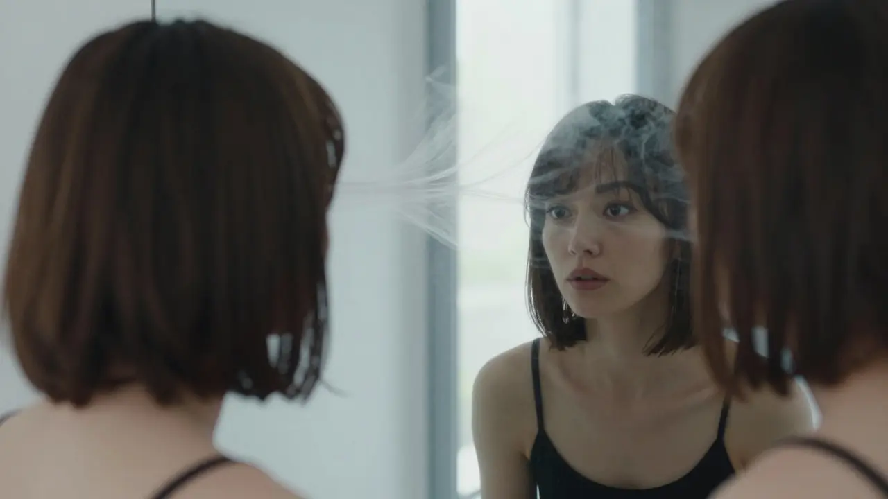 Woman sees her fuller layered bob in the mirror, with floating strands suggesting invisible volume.