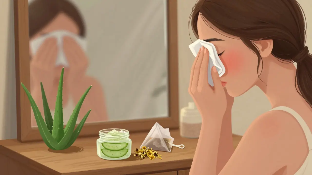 Woman soothing eyebrows with cool washcloth, aloe vera and tea bags nearby.