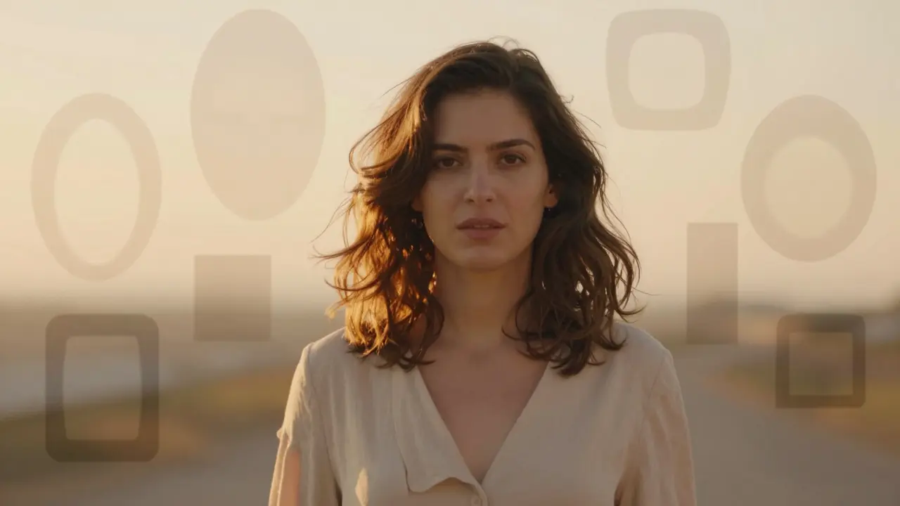 Woman with layered waves walking as abstract face shapes fade around her, highlighting hairstyle balance.