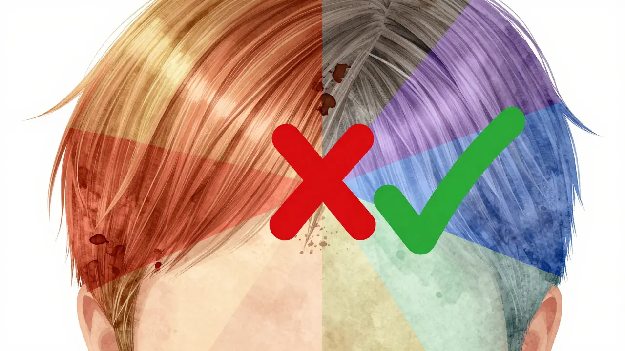 A color wheel overlaid on hair showing warm and cool tones, with a muddy brown clash marked by an X.