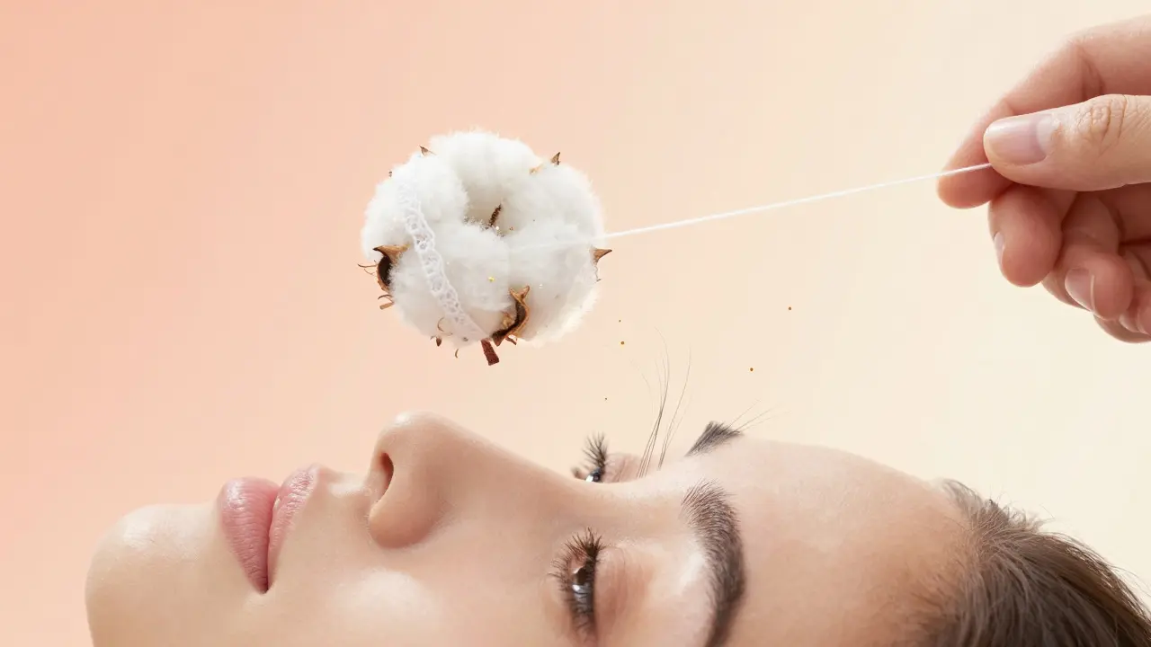 A glowing thread delicately removing individual eyebrow hairs with golden particles of precision.