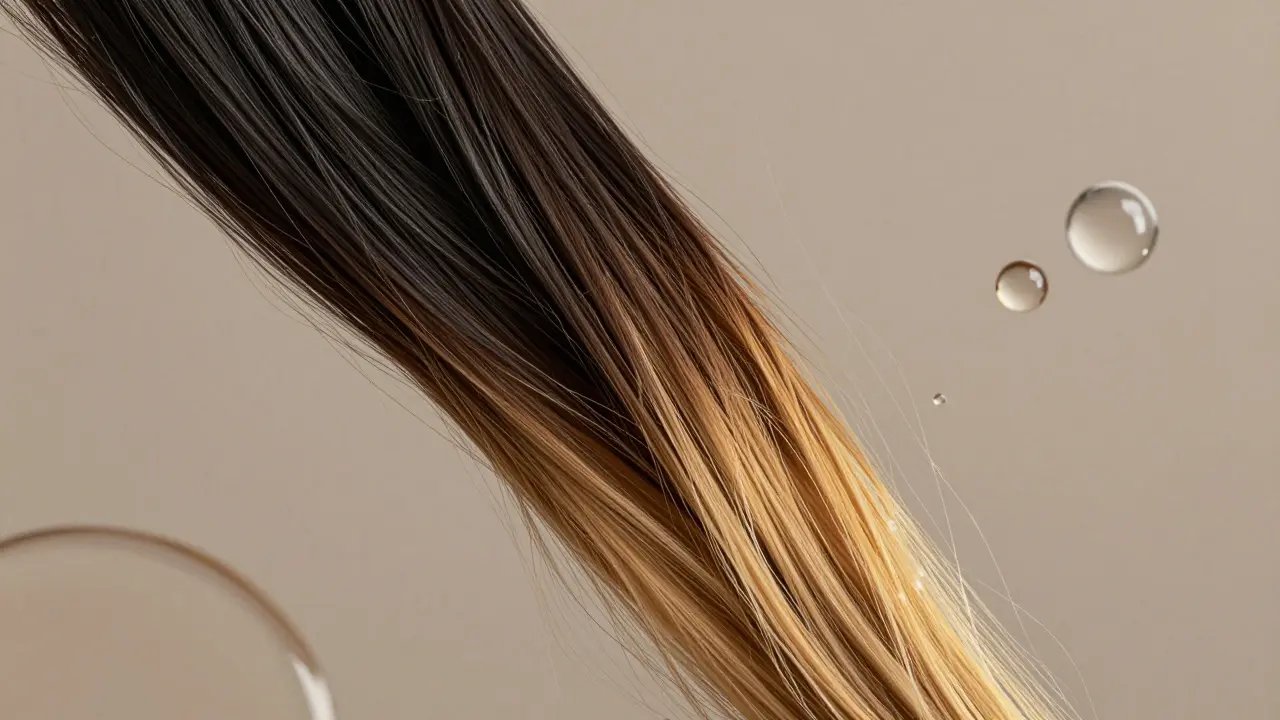 A hair strand transitioning from black to honey blonde with light particles symbolizing gentle transformation.