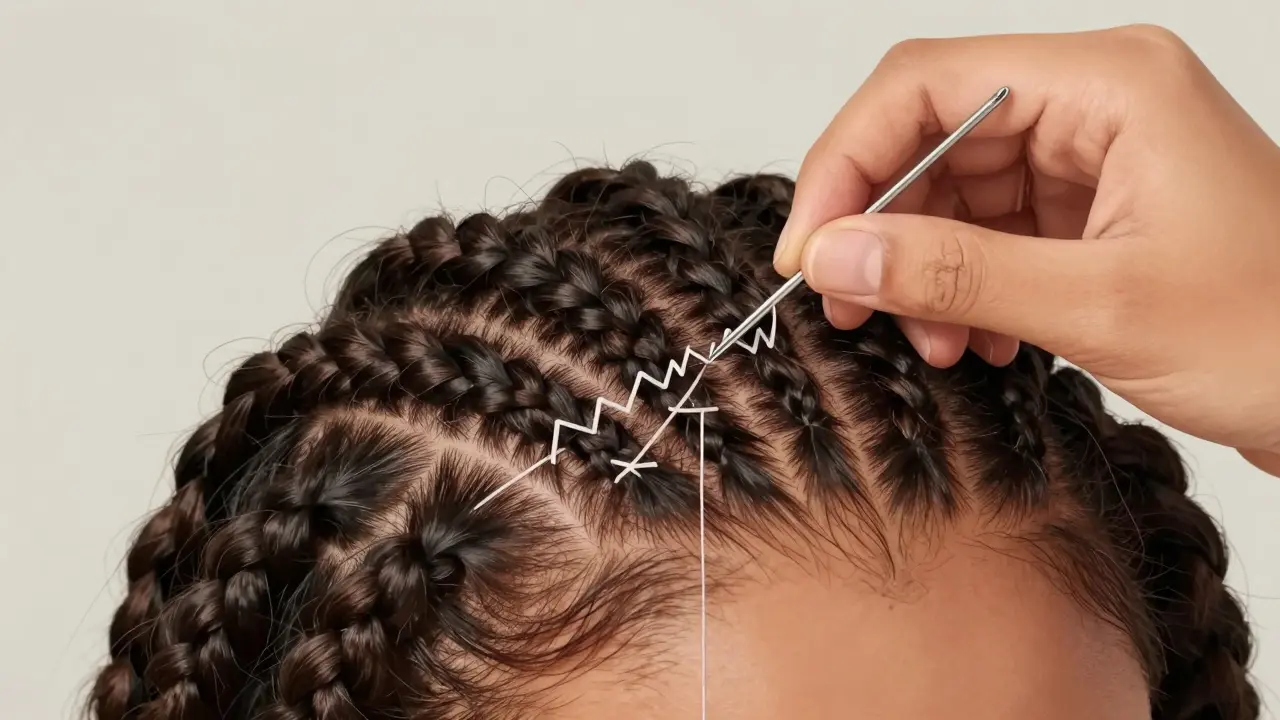 A hand sews a hair weft onto cornrows using a curved needle and thread in a zigzag pattern for secure attachment.