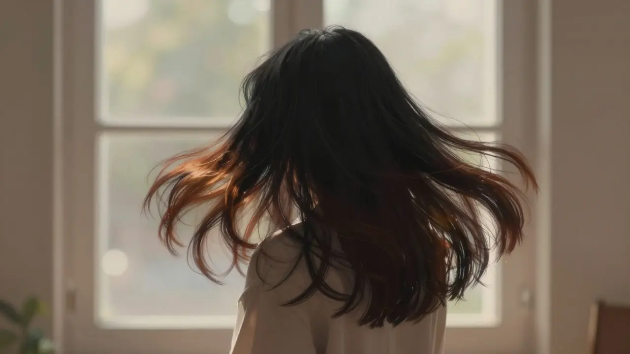 A person's hair illuminated by sunlight, revealing black on one side and dark brown with warm tones on the other.