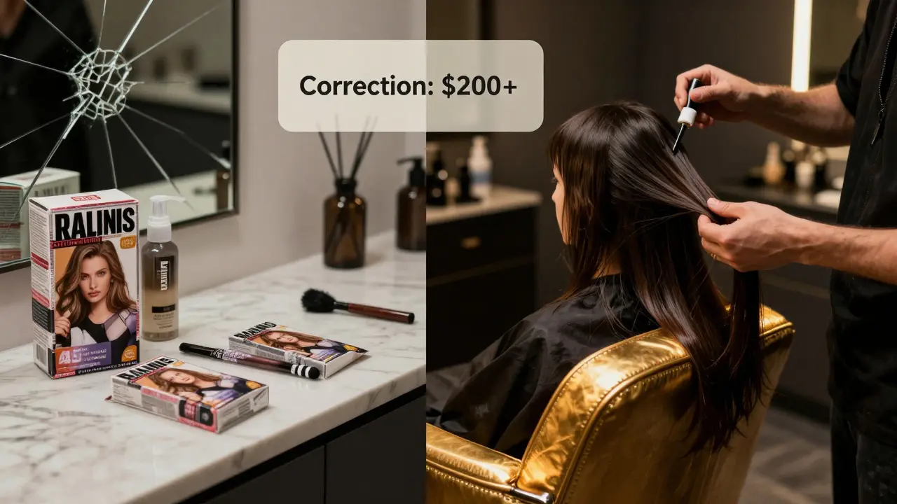 A split image contrasting a failed at-home dye job with a professional salon color service under golden light.