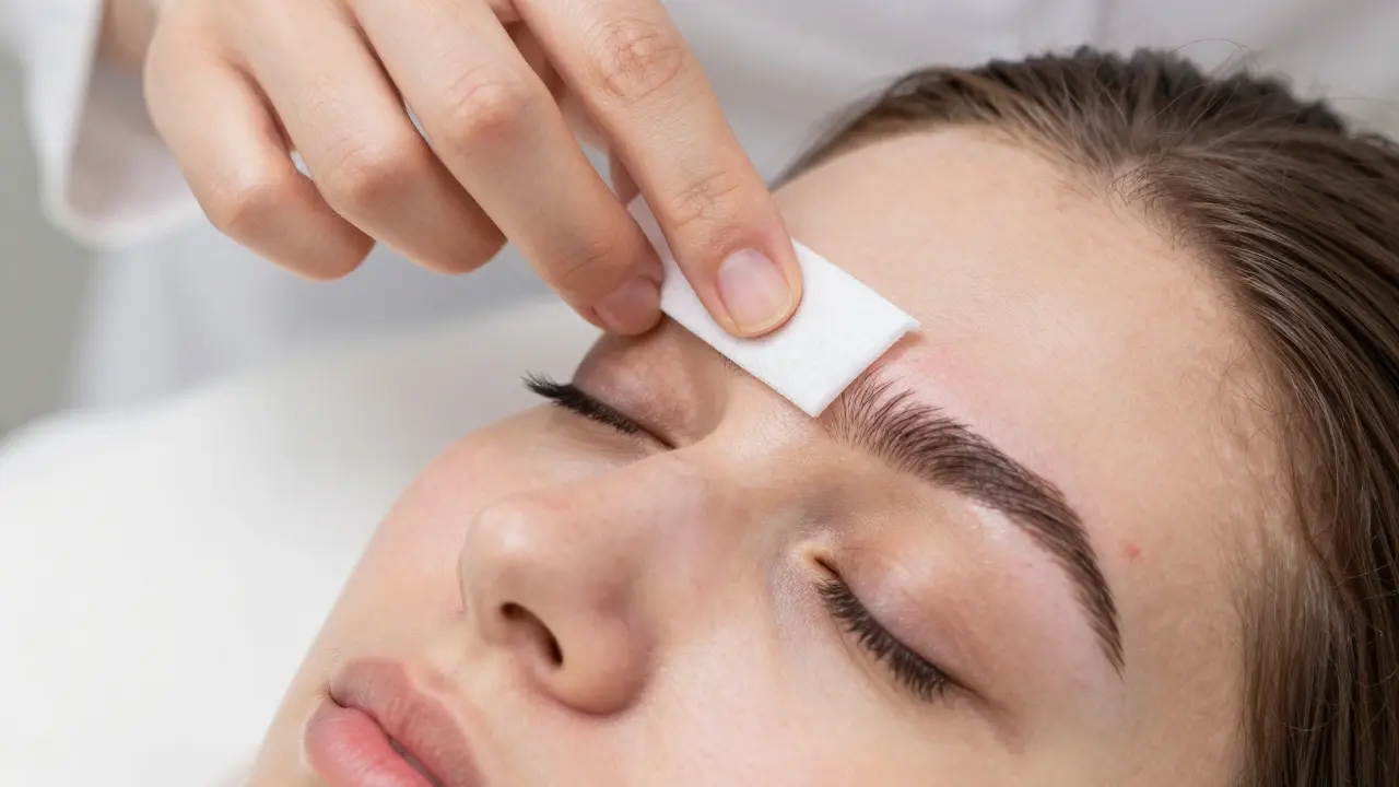 A technician applies wax to shape eyebrows, with a strip being pulled away.