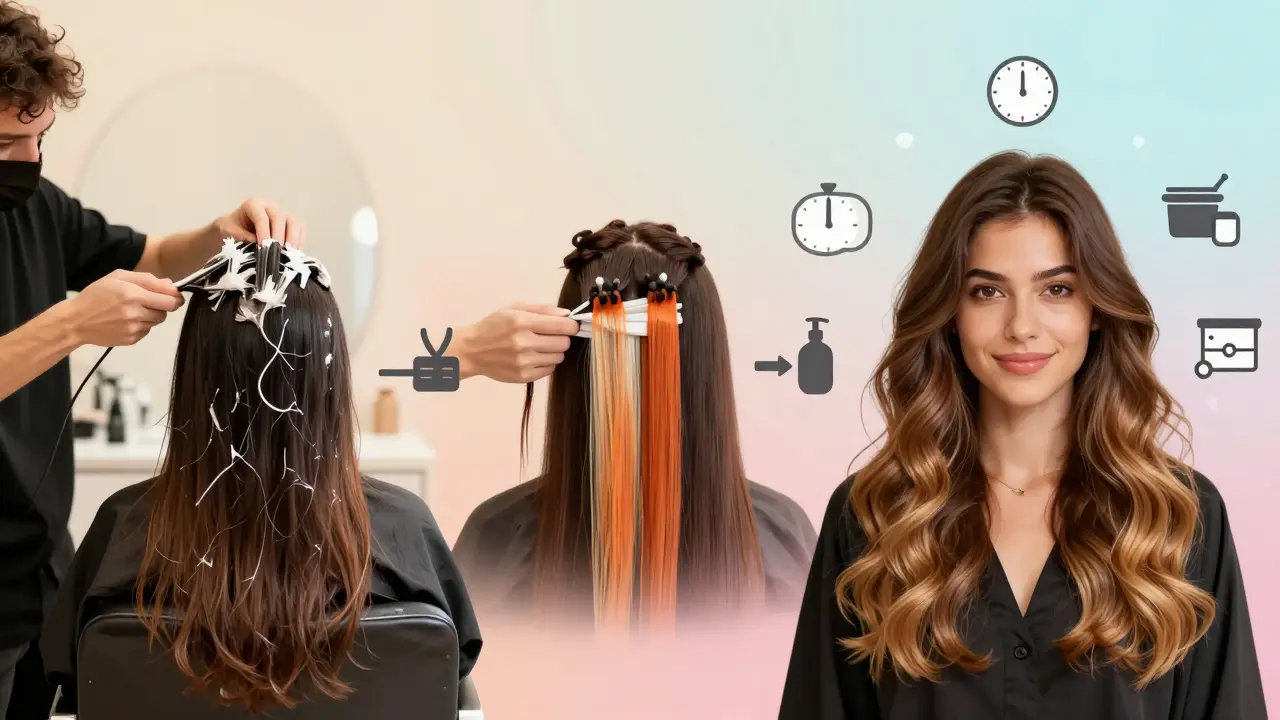 A visual timeline showing hair transformation from dark to sun-kissed balayage with icons of time and expertise.