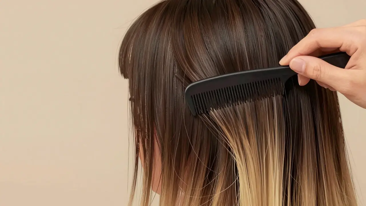 A wide-tooth comb blending hair dye from roots to mid-lengths, creating a smooth, natural color gradient.