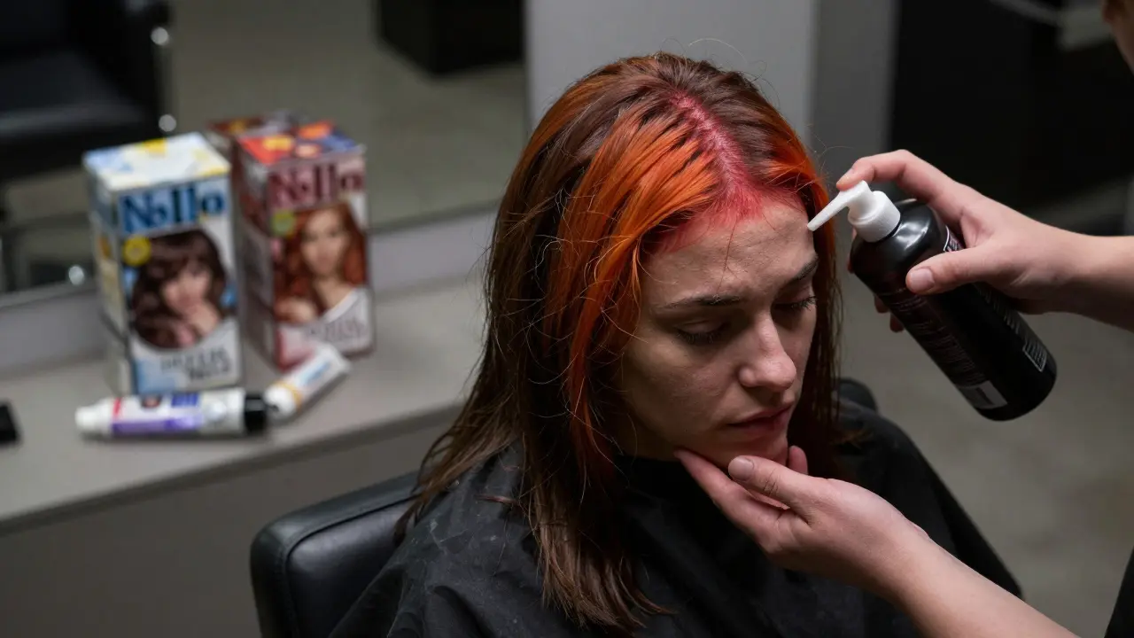 A woman with damaged, patchy hair sitting in a salon chair as a stylist offers deep conditioner, surrounded by discarded DIY hair products.