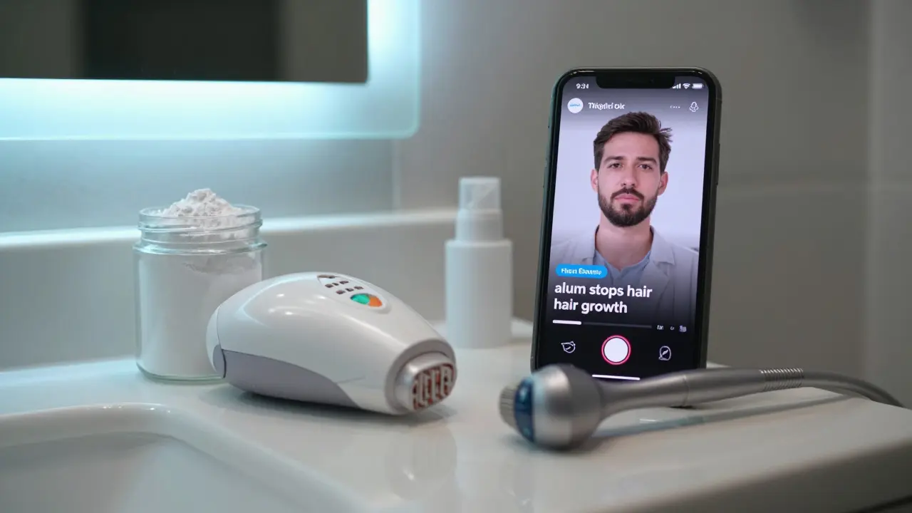 Bathroom counter with alum powder, laser device, and electrolysis tool, beside a misleading social media screen.
