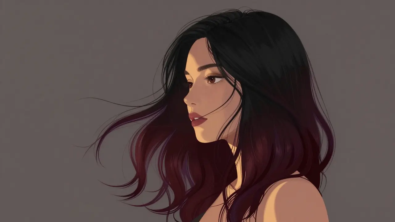 Burgundy-toned black hair glowing in golden hour light with elegant flow.