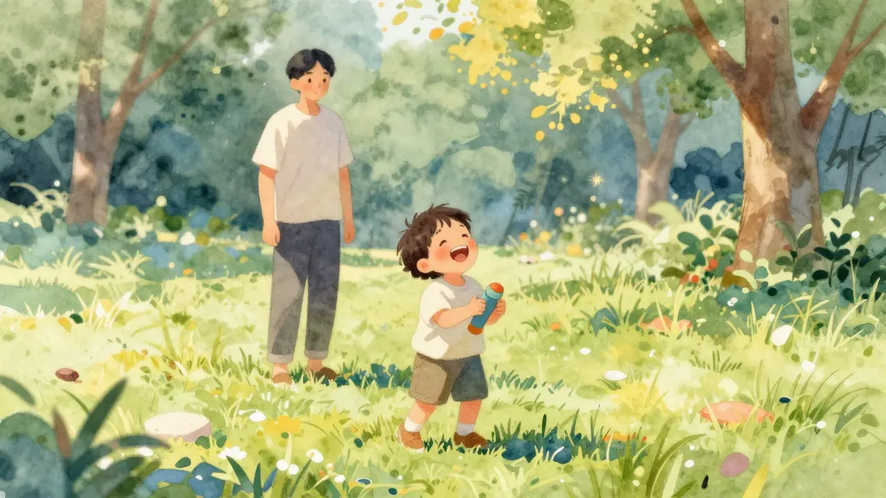 Child playing happily in park with natural unibrow, parent observing.